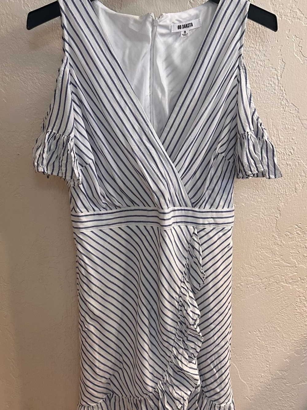 BB Dakota White and Blue Striped Cold-Shoulder Wrap Midi Dress